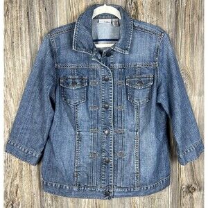 Chico’s Platinum Women’s 2 (L) Blue Denim Jean Jacket  Boho Classic Coastal Chic